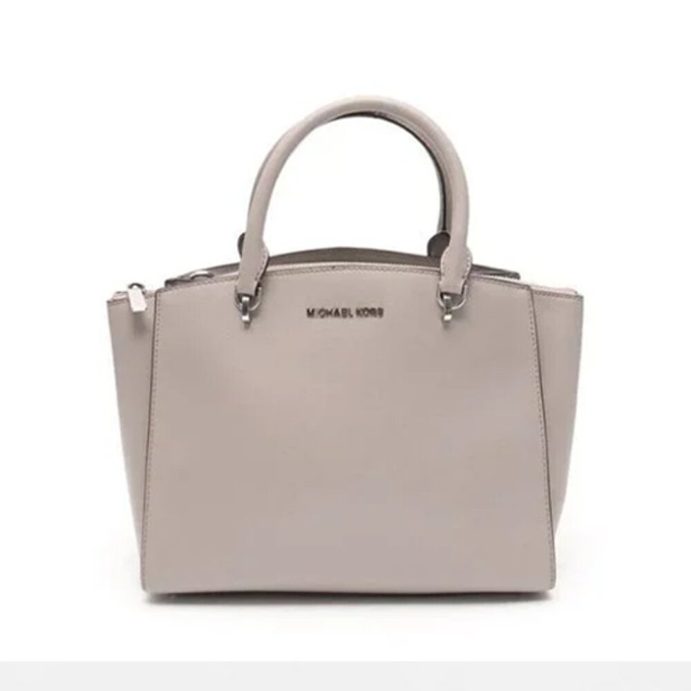 Michael Kors Ellis Large Leather Satchel Purse (Pearl Grey)